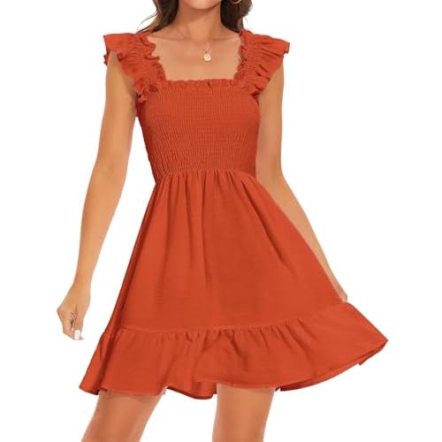 ROYLAMP Women's Smocked Dresses Square Neck Elegant Tiered Boho Ruffle Shoulder Swing Flowy Summer Casual Mini Dress X-Small Orange