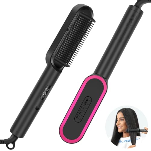 2 in1 Ionic Hair Straightener Brush, PARWIN PRO BEAUTY Hair Straightener Brush with 20s Fast Heating, Anti-Scald Design, 4 Heating Settings & LED Disp