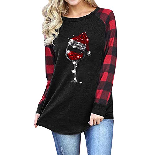 Fuyxxmer Merry Christmas Shirts for Women Wine Glass Christmas Hat Print Long Sleeve Plaid Splicing Raglan Baseball Tee Black XX-Large