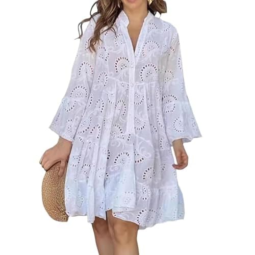 Women Summer Eyelet Lace Midi Dress V Neck Bell Sleeve Flowy Babydoll Casual Beach Dress White X-Large