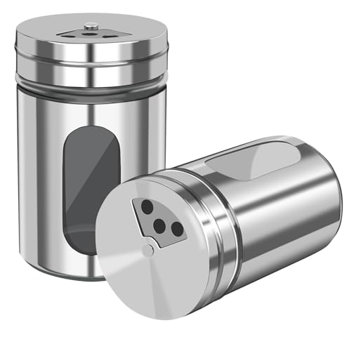2 PCS Stainless Steel Salt and Pepper Shakers with Adjustable Pour Holes – Elegant Glass and Metal Spice Shakers for Coarse, Kosher, Sugar, Cinnamon