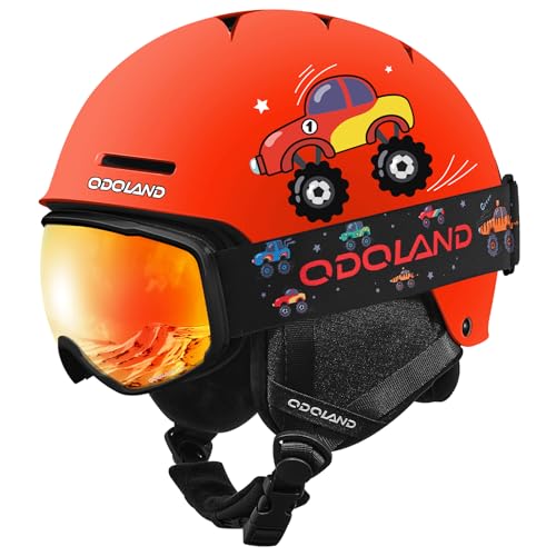 Odoland Kids Ski Helmet, Snow Helmet with Ski Goggles Set for Boys and Girls, Shockproof, Windproof, Safety Snowboard Sports Helmets and Protective Go