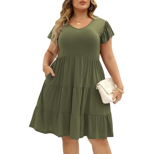 Celkuser Womens Plus Size Casual Summer Dresses Ruffle Sleeve Tiered Swing Midi Dress with Pockets 14 Plus Olive