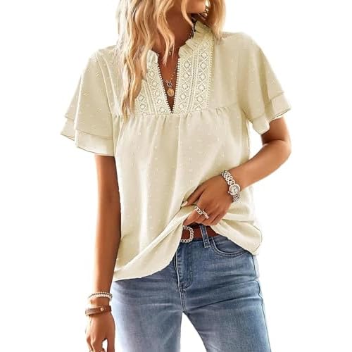 Women Trendy Short Sleeve Tops Plus Size V Neck T Shirts Summer Flowy Ruffle Blouses Dressy Business Casual Outfits