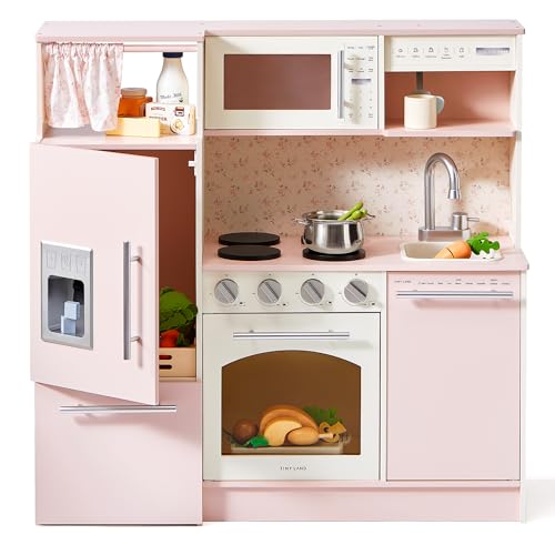 Tiny Land Play Kitchen for Kids, Upgraded Wooden Kitchen Toy with Complete Play Areas, Pretend Cooking Set with Sink, Stove, Microwave, Toy Coffee Sta