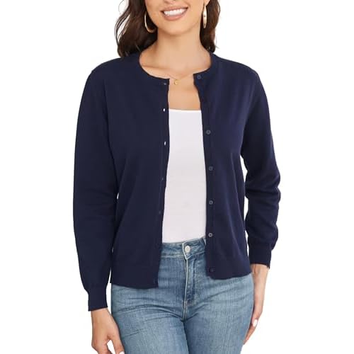Women's Crew Neck Button Down Long Sleeve Cardigan for Women Classic Soft Knit Ladies Cardigan Sweater Coat X-Large Navy