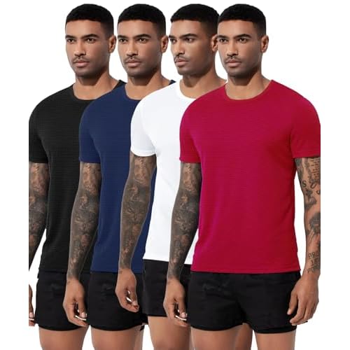 Arjen Kroos Men's Quick Dry Fit Running T-Shirts 4 Pack Activewear Gym Shirts Breathable Workout Undershirts Black-White-Red-Blue X-Large