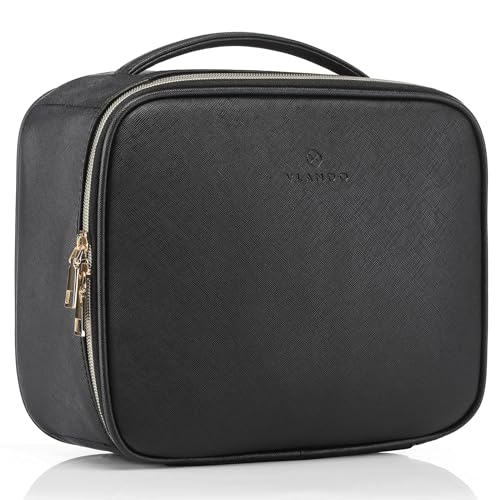 Vlando Medium Makeup Cosmetic Organizer Case Portable Storage Bag with Adjustable Dividers for Makeup Brushes Girls Women Friend Black A.Black Medium