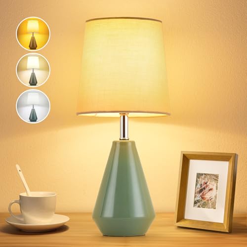 Small Bedside Table Lamp for Bedroom - Reading Desk Lamp with 3 Color Temperatures，15.5" Nightstand Ceramic Lamp with Fabric Shade for Kids Room,Liv