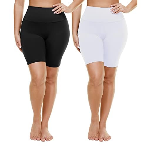 TNNZEET 2 Pack Plus Size Biker Shorts for Women - 8" Black High Waisted Tummy Control Spandex Workout Shorts (XL-4XL) 3X-Large Black-White