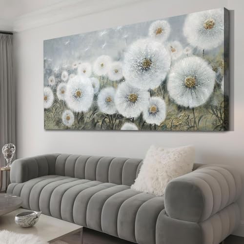 Ardemy Dandelions Wall Art Flowers Extra Large Bedroom Wall Decor Living Room, White Floral Canvas Art Pictures Paintings Textured Artwork For Walls D