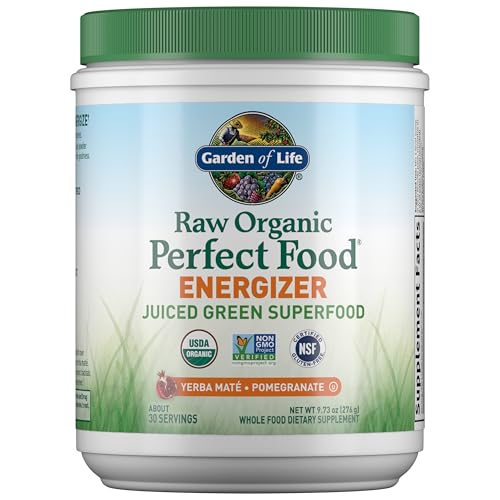 Garden of Life Raw Organic Perfect Food Energizer Juiced Green Superfood Powder - Yerba Mate Pomegranate, 30 Servings, Green Superfood Powder & Probio