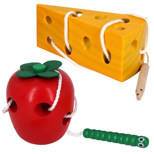 Early Development Wooden Lacing Toys, Montessori Activity Caterpillars Eat Apple and Kids Cheese Toys, Children Learning Educational Wood Block Puzzle