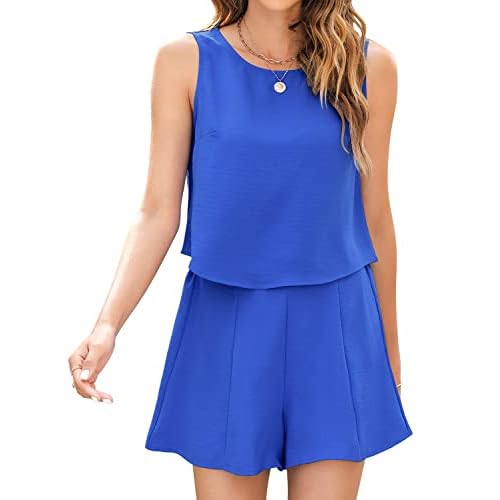 ROYLAMP 2025 Women's Summer 2 Piece Outfits Tank Sleeveless Crop Tops Culottes Shorts Sets Casual Beach Rompers Large Royal Blue