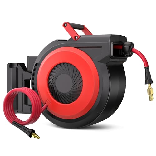 Garvee Retractable Air Hose Reel 1-2 IN x 50 FT with 5 FT Lead in Max 300 PSI, 180° Swivel Bracket Wall Mount Hybrid Air Compressor Hose Reel with Qui