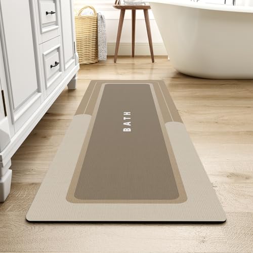 MontVoo-Bath Mat Rug Long Non Slip Super Absorbent Bathroom Runner Stain Resistant Quick Dry Thin Bathroom Mat Fit Under Door-17"x59",Beige Beige 17"x