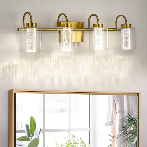 Garvee Bathroom Light Fixtures 4 Light Brushed Gold Vanity Lights Crystal Bubble Glass Dimmable 3 Color Temperatures Modern Wall Sconce Metal Clear Gl