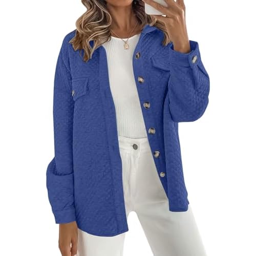 Women's Casual Shacket Jacket, Long Sleeve Loose Oversized Button Down Coat for Fall Winter Office Daily Outerwear Blue Medium
