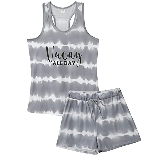 VENTELAN Women Pajamas Cute Tank and Shorts Set Soft PJS Sleepwear Loungewear Medium Tie-dye Striped Grey