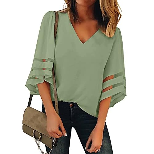 luvamia Women's Casual V Neck Blouse 3-4 Bell Sleeve Mesh Panel Shirts Loose Top X-Large C Frosty Green