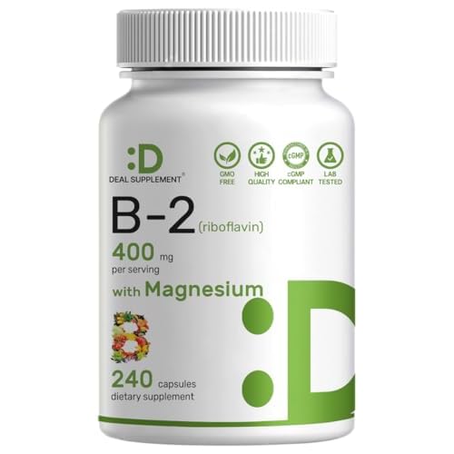 DEAL SUPPLEMENT Vitamin B2 400mg (Riboflavin) | with Magnesium Glycinate 400mg, 240 Capsules – 2 in 1 Support Healthy Nervous System, Mood, Blood &