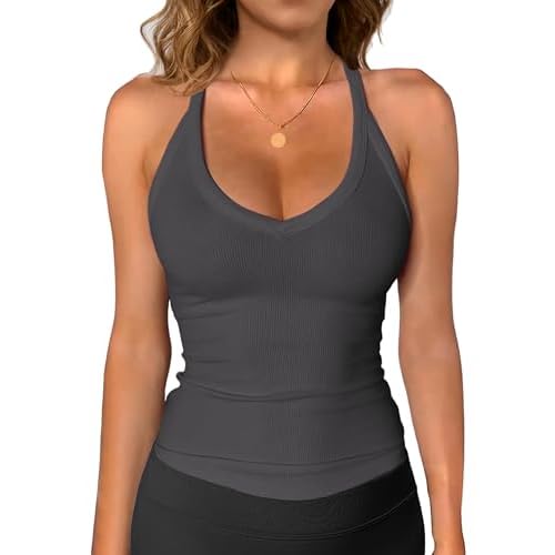 iGENJUN Workout Tops for Women Racerback Basic Tank Summer 2025 Camisole V Neck Slim Fit Ribbed Sleeveless Small Gray
