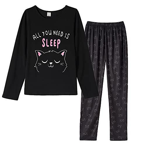 VENTELAN Women Pajamas Cute Christmas Bear Sleepwear Long Sleeve Stripes Loungewear Small Black Cat