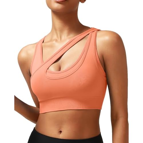 RUNNING GIRL Sports Bras for Women High Support,Seamless Ribbed Longline High Neck Sports Bra Racerback Padded Crop Top Yoga Small B-light Orange