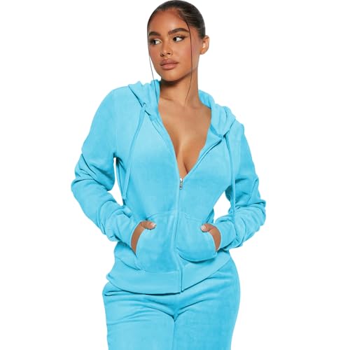 yidengymx Womens 2 Piece Velour Tracksuit Two Piece Soft Velvet Hooded Outfits for Women X-Small Hoodie-Jogger Pants-blue