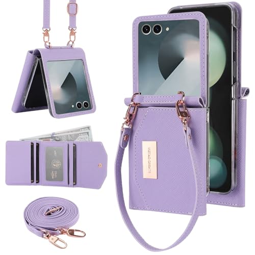 for Samsung Galaxy Z Flip 7 Wallet Case with Built-in Leather Cash Slot and Credit Card Holder. Wristlet Strap and Hinge Protection, Carrying Handbag