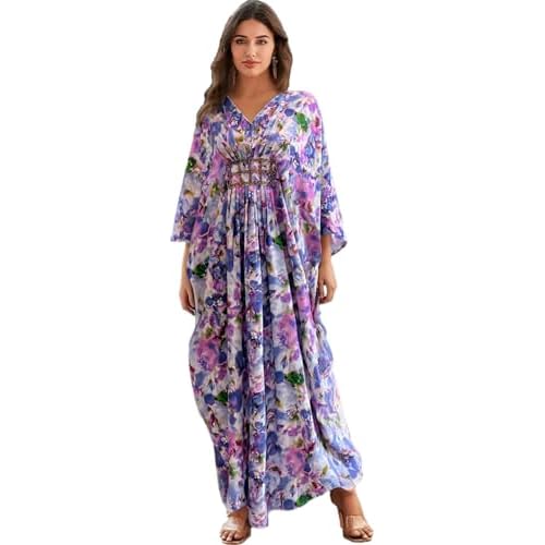 LOUSEA Ethnic Print Momo Dresses for Women Vneck Tie Dye Swimsuit Cover Ups Colorful Lougewear Dress One-Piece Beach Dress C-print1 One Size