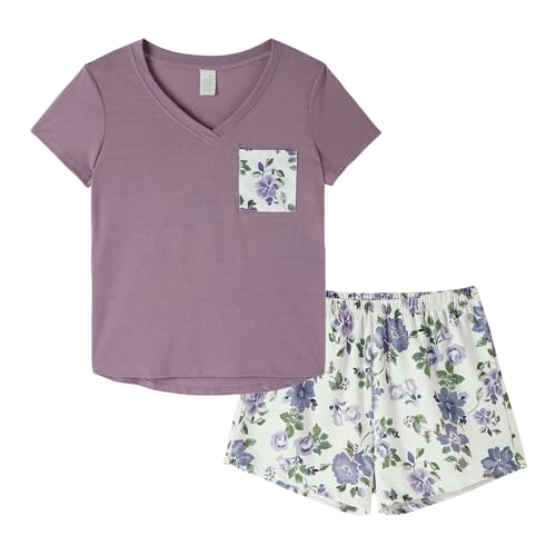 VENTELAN Pajama Set For Women Cute PJS Summer Short Sleeve Shorts Sleepwear X-Small Purple-flower
