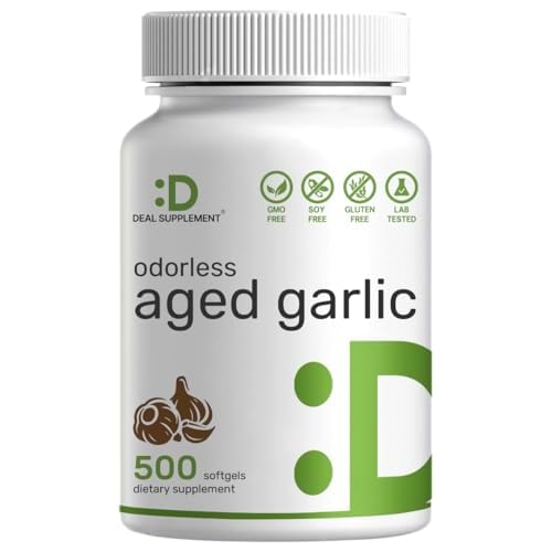 DEAL SUPPLEMENT Odorless Aged Garlic Pills, 6,000mg Per Serving, 500 Softgels – 24:1 Garlic Oil Extract – Fresh Allium Sativum Bulb Source – Hea