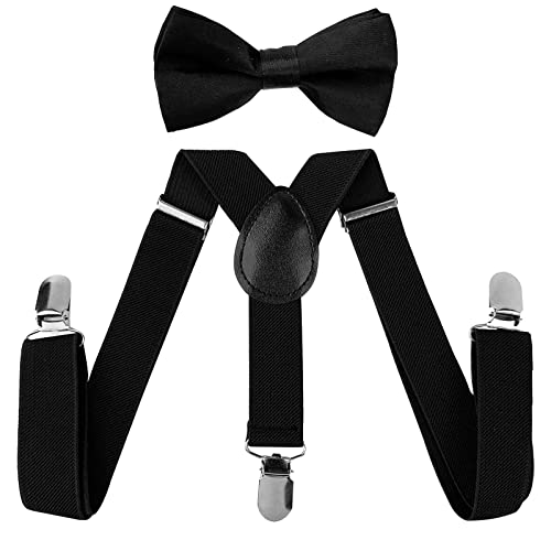 SEVENHEAD Child Kids Suspenders Bowtie Set Adjustable Elastic Y-Back Design with Strong Metal Clips for Boys and Girls Black