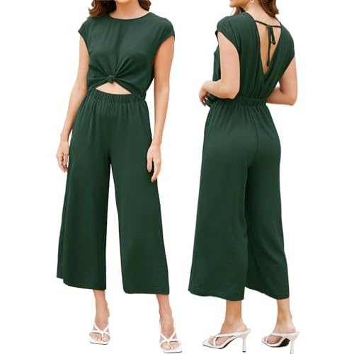 ROYLAMP Women's Summer Casual Jumpsuit Sleeveless Cutout Crop Backless Tie Back Cropped Wide Leg Rompers with Pockets X-Large Deep Green