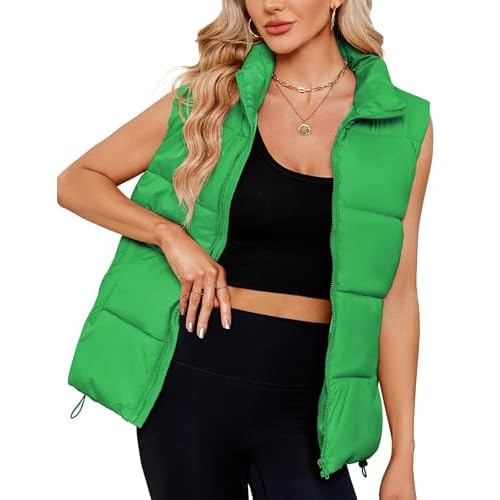 Women Quilted Puffer Vest Sleeveless Jacket Zip Up Stand collar Lightweight Outerwear with Pocket 2025 Trendy Plain Green Small