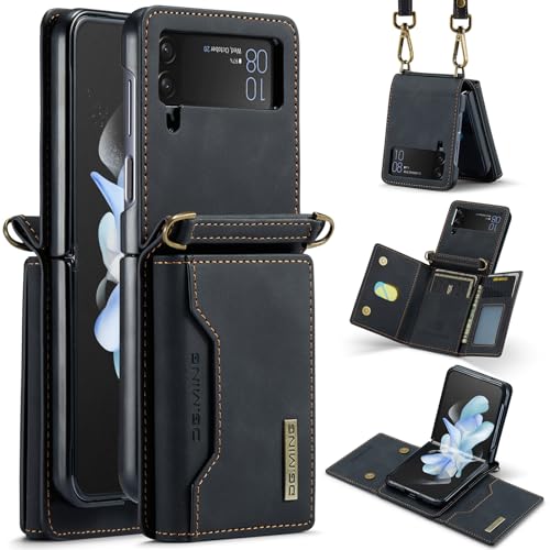 for Samsung Galaxy Z Flip 3 Case with Crossbody Wallet, 8 Cards Slot and Premium Leather Kickstand Vintage Card Holder.(Black) Black Samsung Galaxy Z
