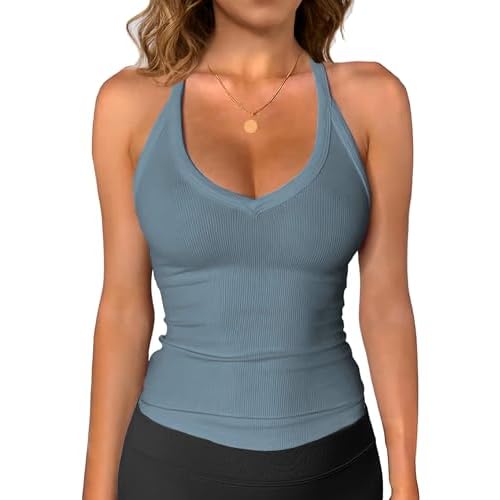 iGENJUN Womens Spaghetti Strap V-Neck Ribbed Tank Tops for Women 2025 Slim Fitted Soft Camisole Basic Layering Shirts
