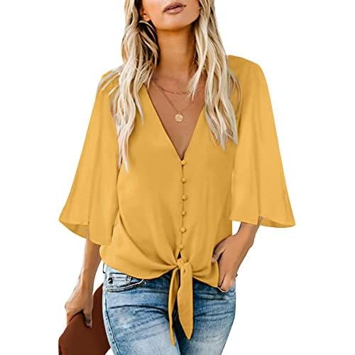 luvamia Women's Casual V Neck Tops 3-4 Sleeve Tie Knot Blouses Solid Button Down Shirts Large Yellow