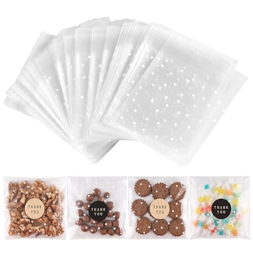 100 PACK Self Adhesive Cookie Bags Cellophane Treat Bags Thank You for Gift Giving Candy with Stickers(White Polka Dot, 5.5x5.5 INCH) White Polka Dot