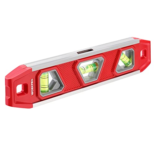WORKPRO 9-Inch Torpedo Level Magnetic, Small Leveler Tool with 3 Different Bubbles 45°-90°-180° and Overhead Viewing Window, Shock Resistant Bubble