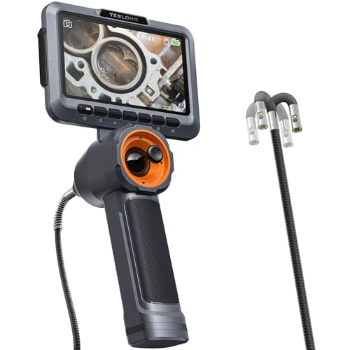 Teslong Dual Lens 360 Articulating Borescope with Light, 5'' Monitor Industrial Inspection Camera with 4-Way Joystick Articulation, HD Endoscope Camer