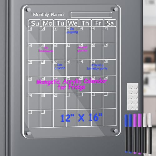 Acrylic Magnetic Calendar for Fridge, 16"x12" Inches Clear Acrylic Magnetic Dry Erase Planning Board of Monthly Calendar for Refrigerator with 6 Color