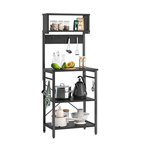 Bestier Kitchen Baker's Rack Microwave Oven Stand Kitchen Shelf with Hutch 8 Side Hooks Coffee Station Utility Storage Shelf for Kitchen Dining Room L