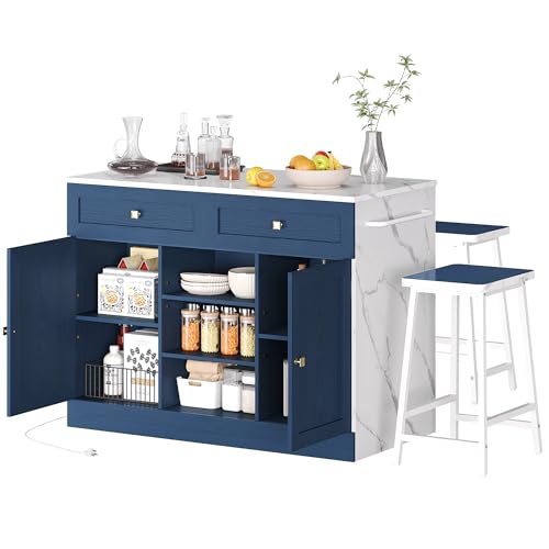 YITAHOME 3 Piece Kitchen Island Set with 2 Chairs, Large Kitchen Island with Seating and Storage, Dining Counter Table with Power Outlet, Drawers, Spi