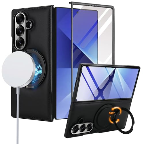 for Samsung Galaxy Z Fold 7 Case with Magnetic Ring Holder, 360 Rotating Bracket, Built-in Front Screen Protector, Slim Anti-Drop Shockproof Case.(Bla