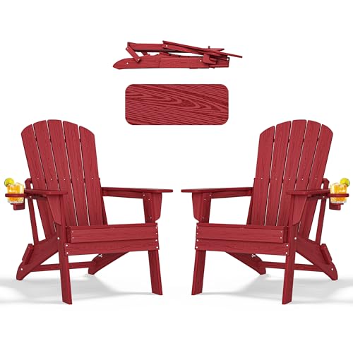 Folding Adirondack Chair with Cup Holder Set of 2,HDPE All-Weather Patio Chairs,Plastic Outdoor Chairs- Looks Exactly Like Real Wood- Red Red 2 PCS