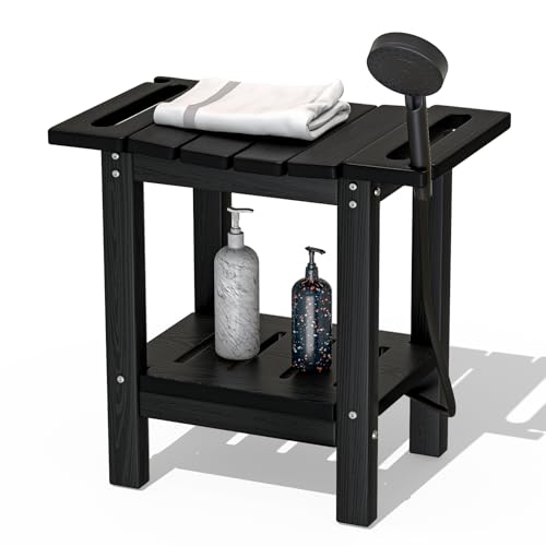 HDPE Shower Stool for Bathroom - 2-Tier Storage Shelf Waterproof Shower Bench Wood Texture - Shaving Stool for Inside Shower, Bathtub, or Spa, Durable