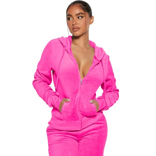 yidengymx Womens 2 Piece Velour Tracksuit Two Piece Soft Velvet Hooded Outfits for Women X-Small Hoodie-Jogger Pants-rose Red