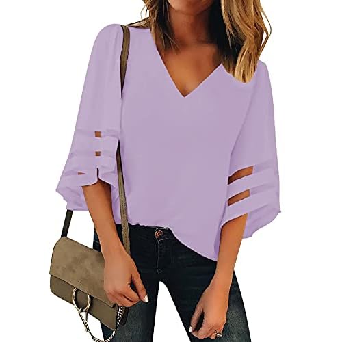 luvamia Women's Casual V Neck Blouse 3-4 Bell Sleeve Mesh Panel Shirts Loose Top Medium C Lavender